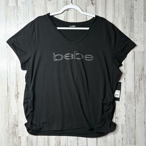 bebe Black Ruched V-Neck Tee with Subtle Logo Detail